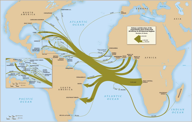 Volume and Direction of the Trans-Atlantic Slave Trade from All Africa to All American Regions — Map 9 from David Eltis and David Richardson, Atlas of the Transatlantic Slave Trade (Yale University Press, 2010).