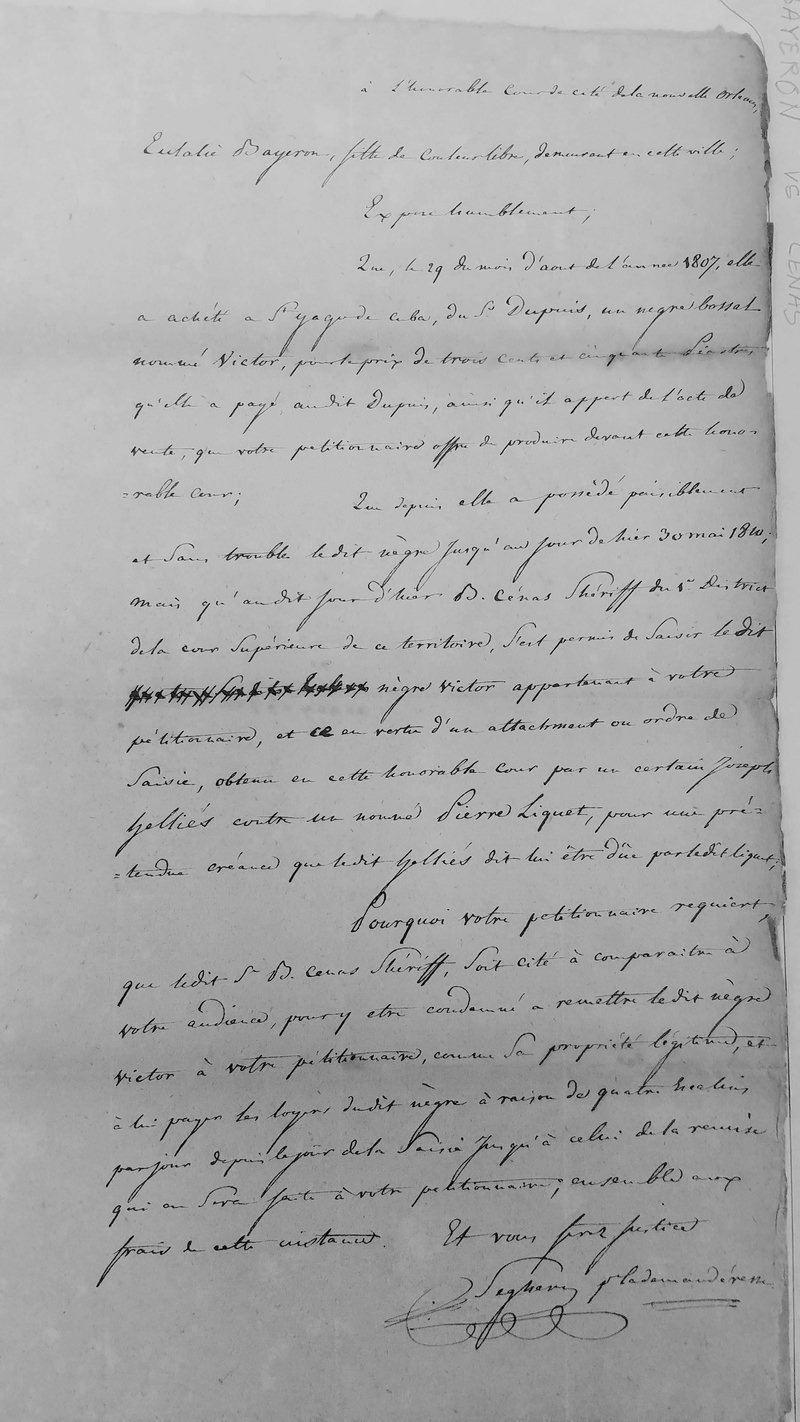 Petition of Eulalie Bayeron, fille de couleur libre, to the Honorable City Court of New Orleans, ca. 31 May 1810.