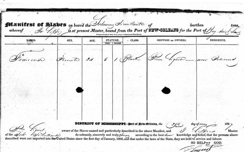 Manifest of Slaves on board the Schooner Sémillante, bound from New Orleans for the Port of Bay Saint Louis. District of Mississippi, May 29, 1827.
